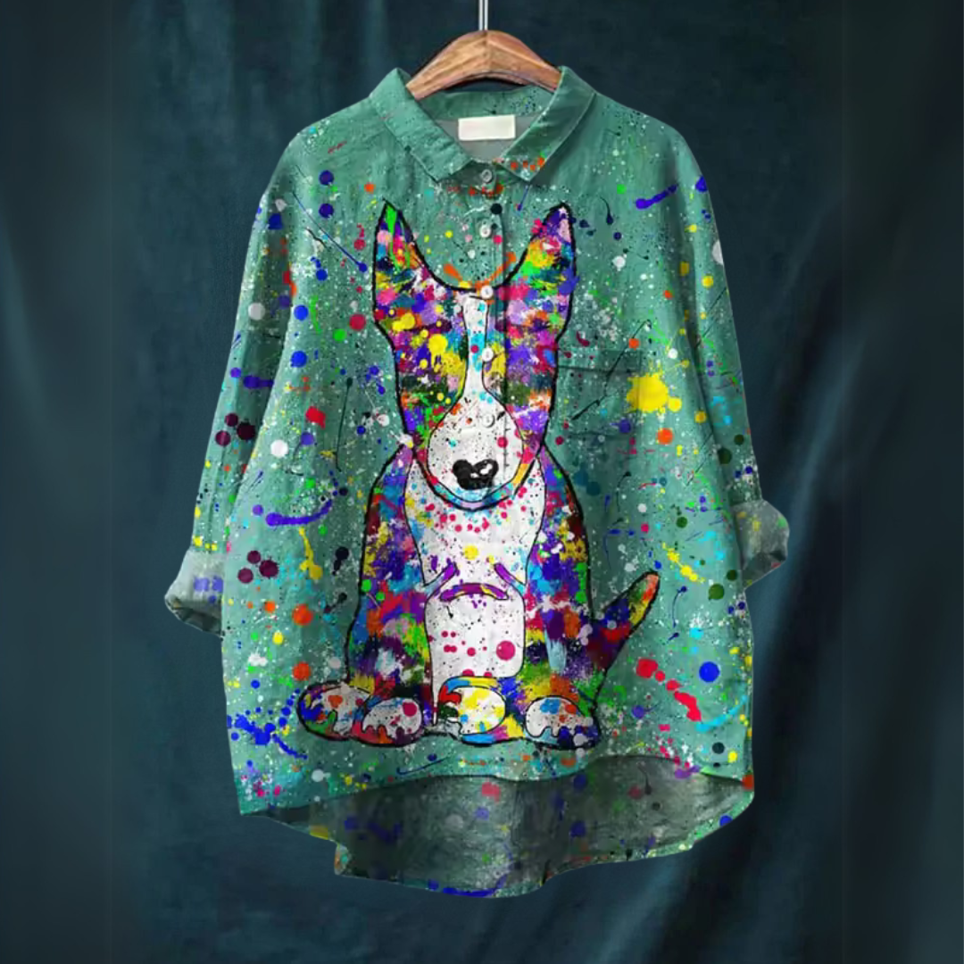 Quinn – Vibrant Splatter Dog Shirt