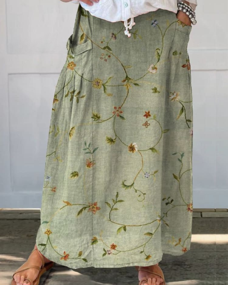 Maribel - Soft Sage Floral Pocket Skirt