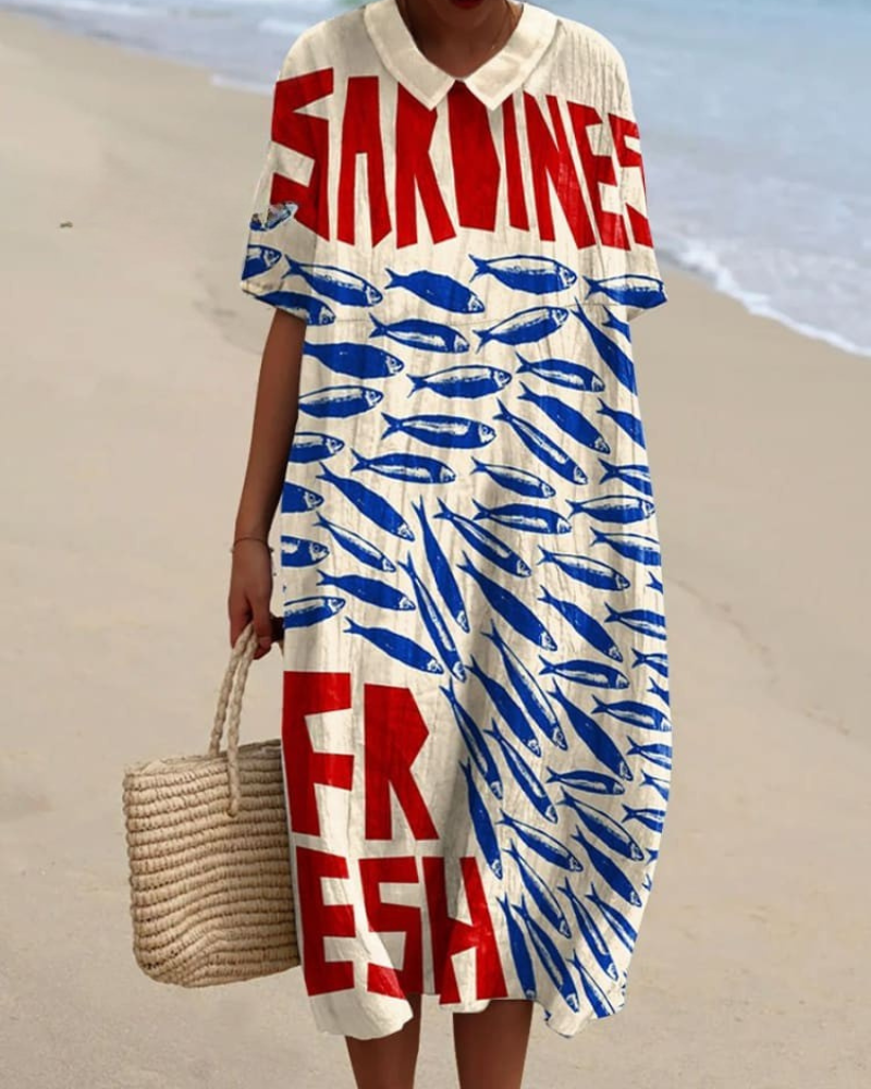 Nellie - Sardine Print V-Neck Flowy Dress