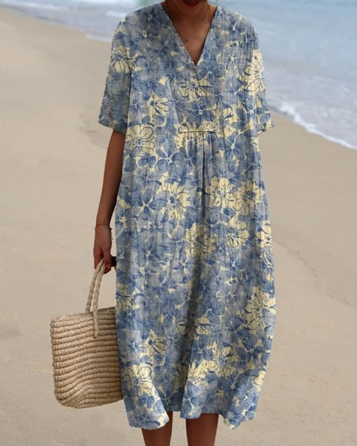 Ruthie - Retro Floral V-Neck Flowy Dress