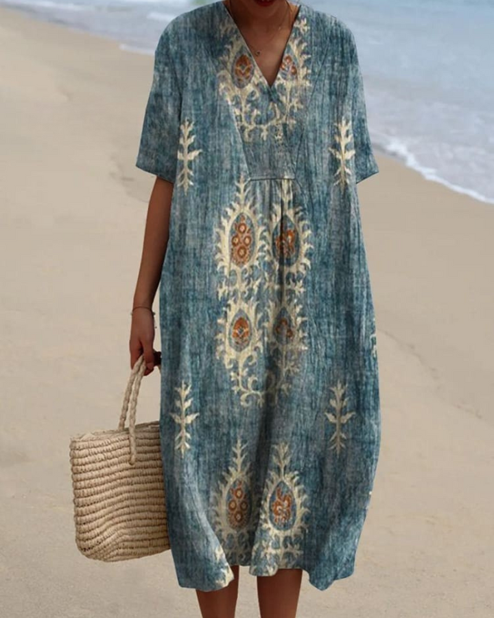 Jane - Floral Ethnic V-Neck Flowy Dress