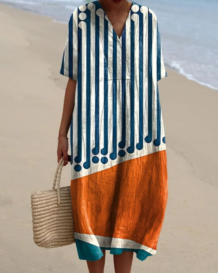 Noelle - Sunset Stripes V-Neck Flowy Dress