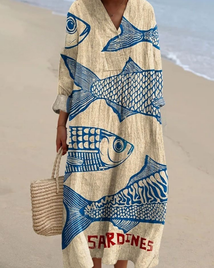 Ines - Women's Vintage Fish Sardines V-Neck Flowy Dress