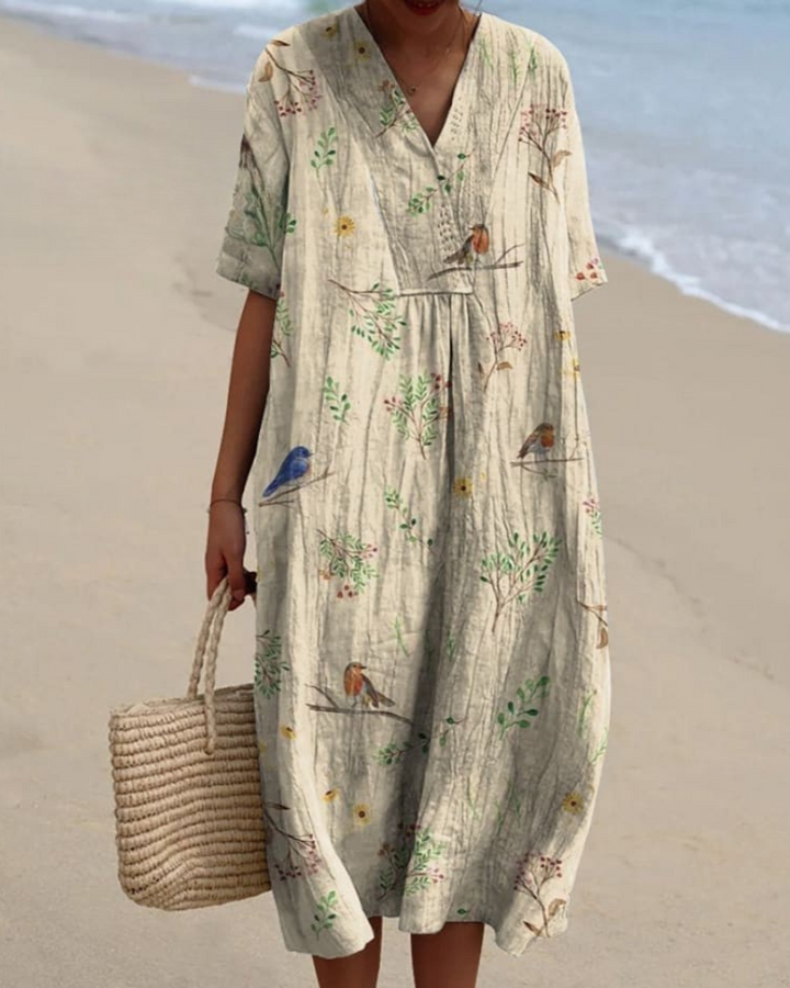 Kinsley - Bird & Bloom V-Neck Flowy Dress