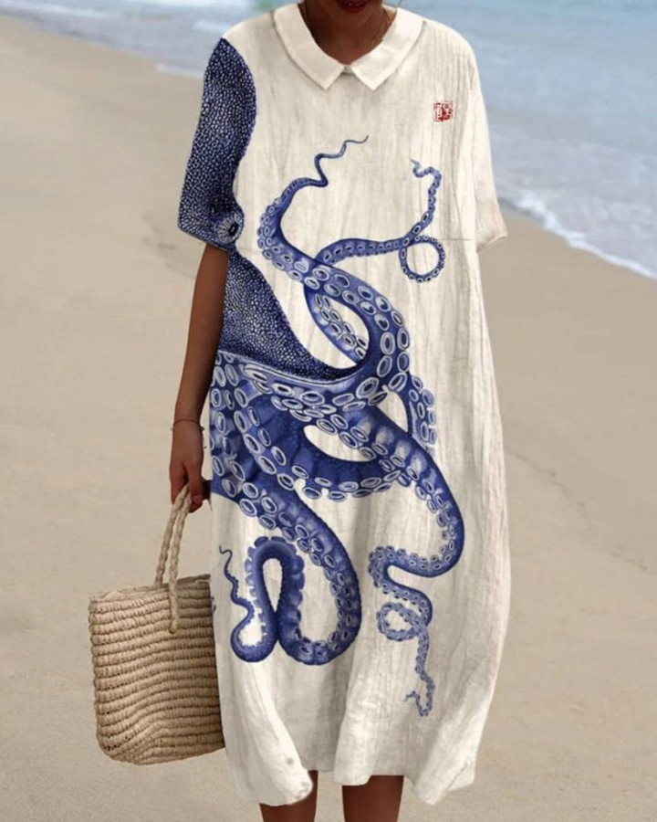 Molly - Octopus Art V-Neck Flowy Dress
