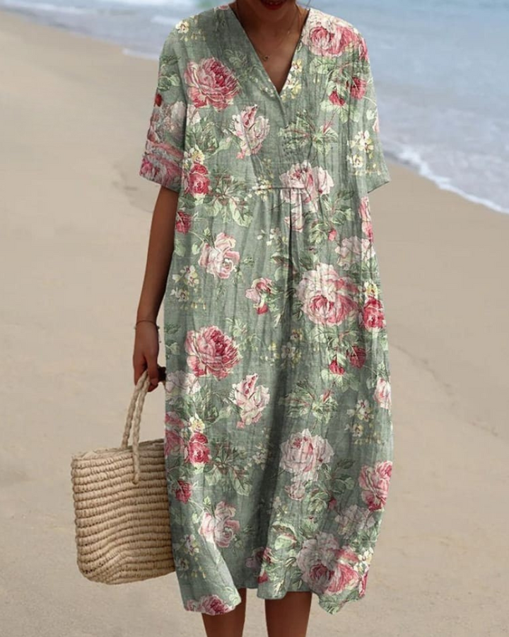 Colette - Romantic Rose V-Neck Flowy Dress