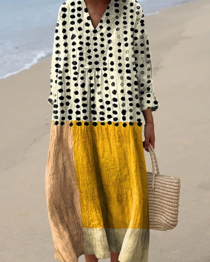 Liliana - Yellow Color-blocked V-Neck Flowy Dress