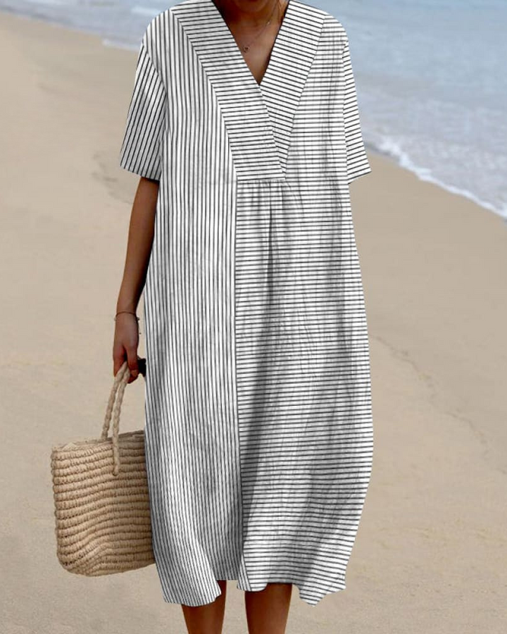 Reagan - Vintage Stripes V-Neck Flowy Dress