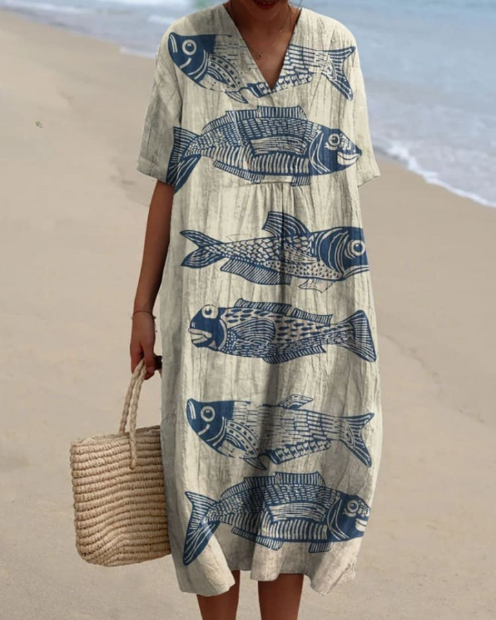 Naomi - Artistic Fish-Print V-Neck Flowy Dress