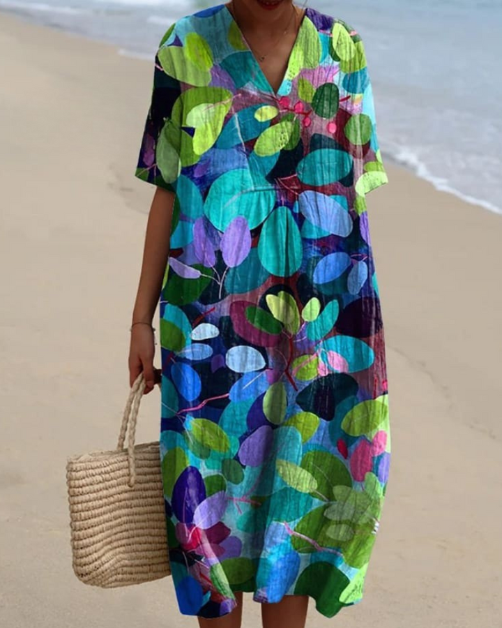 Genevieve - Breezy Leaf V-Neck Flowy Dress