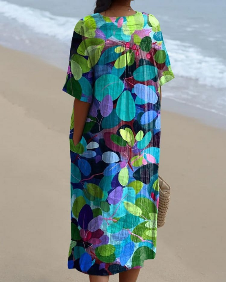 Genevieve - Breezy Leaf V-Neck Flowy Dress