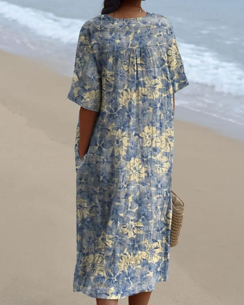 Ruthie - Retro Floral V-Neck Flowy Dress