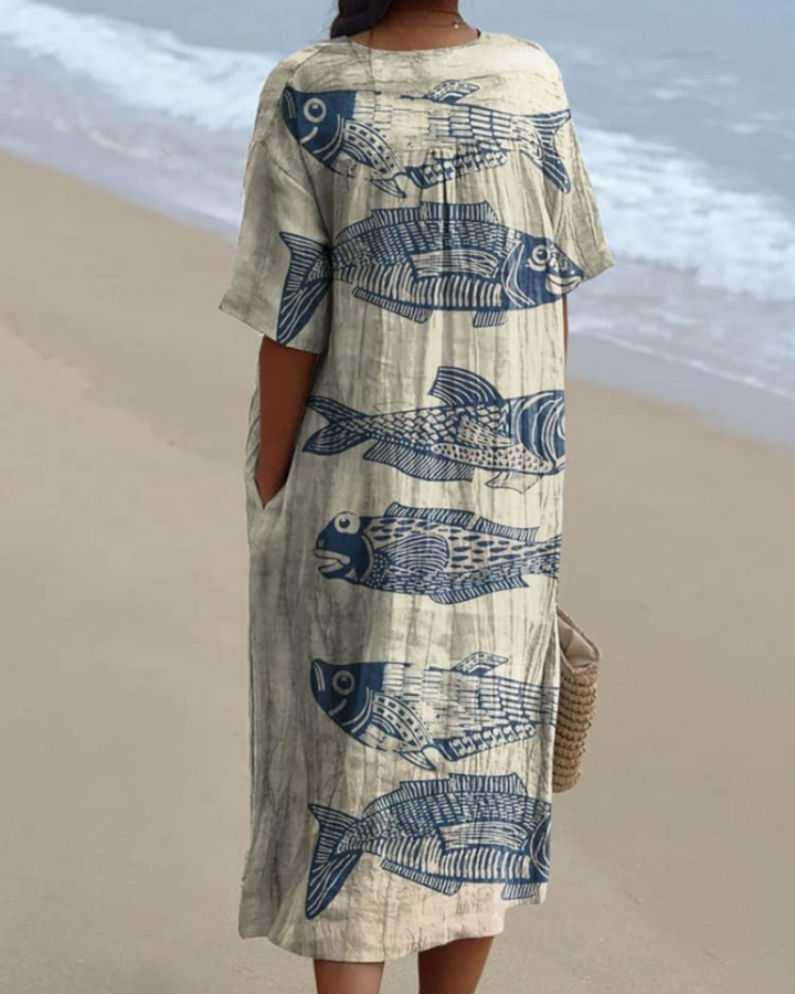 Naomi - Artistic Fish-Print V-Neck Flowy Dress