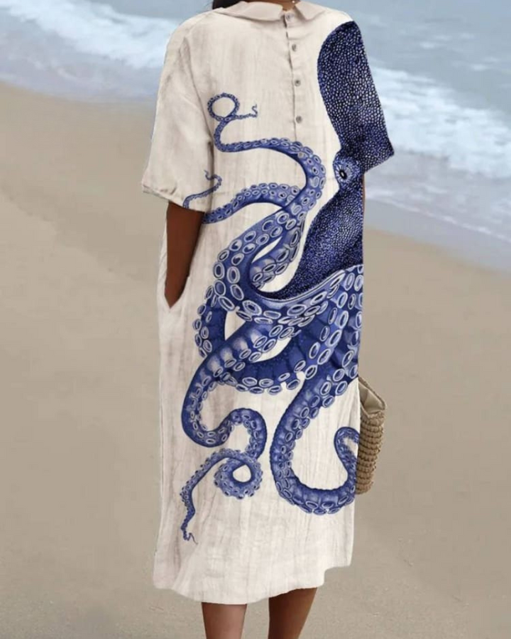 Molly - Octopus Art V-Neck Flowy Dress