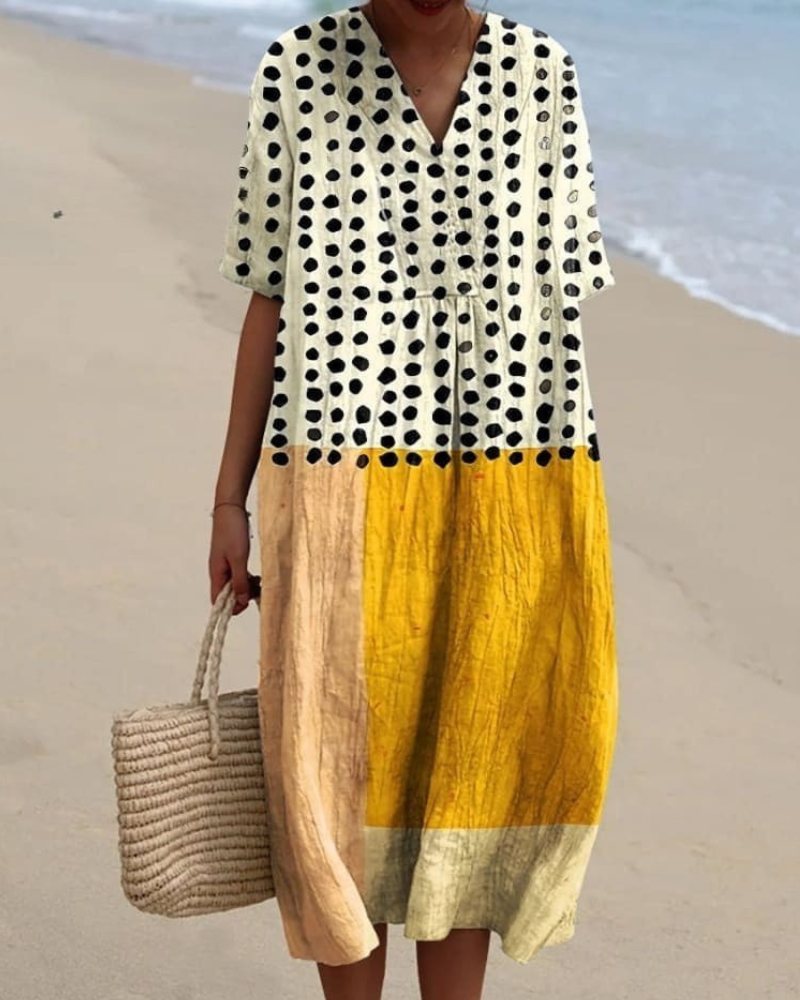 Liliana - Yellow Color-blocked V-Neck Flowy Dress