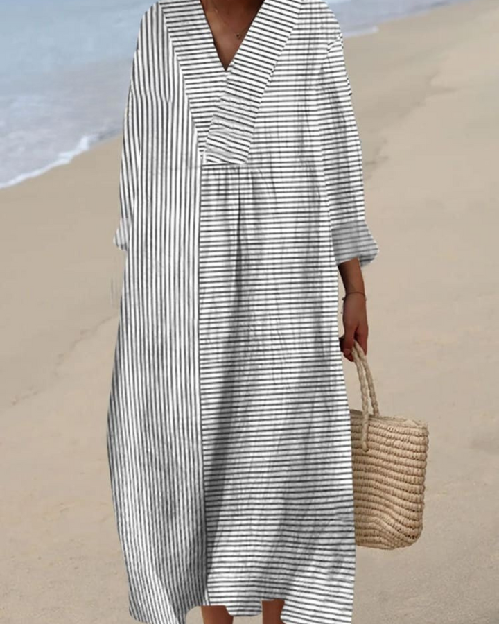 Reagan - Vintage Stripes V-Neck Flowy Dress