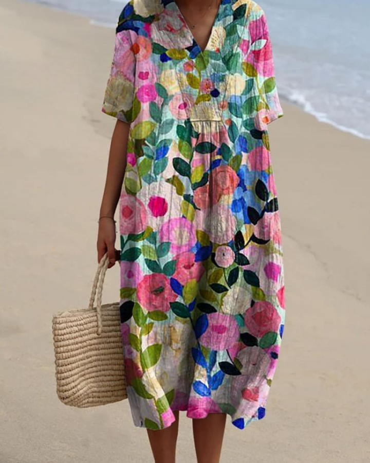 Casey - Colorful Floral V-Neck Flowy Dress
