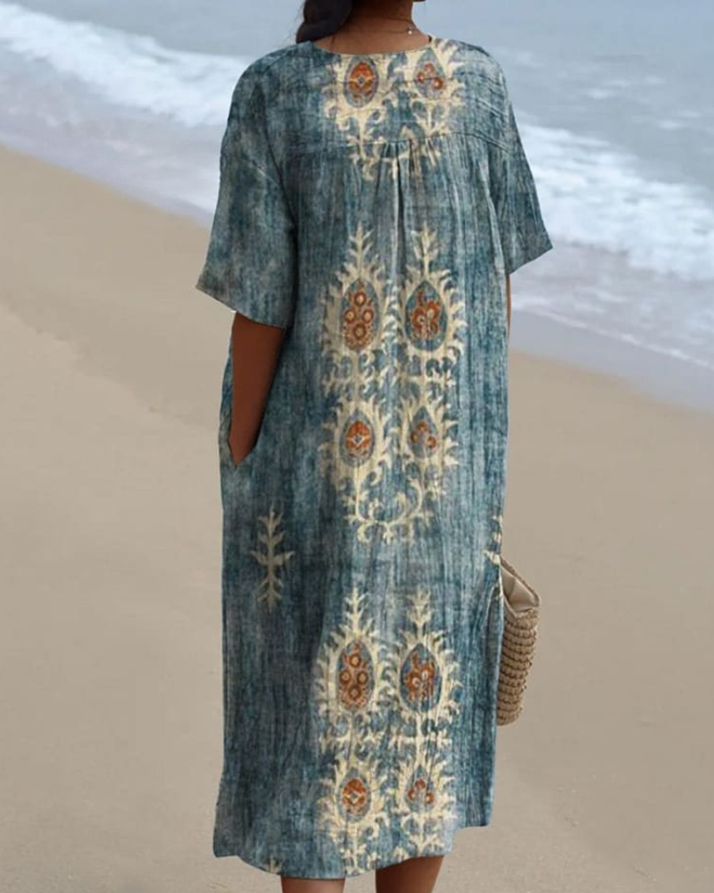 Jane - Floral Ethnic V-Neck Flowy Dress