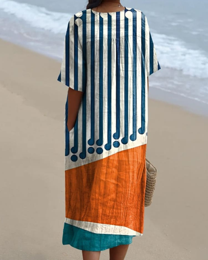 Noelle - Sunset Stripes V-Neck Flowy Dress
