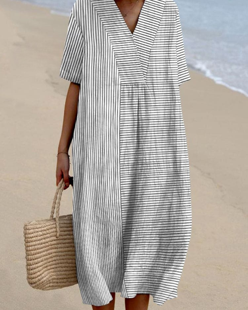 Reagan - Vintage Stripes V-Neck Flowy Dress