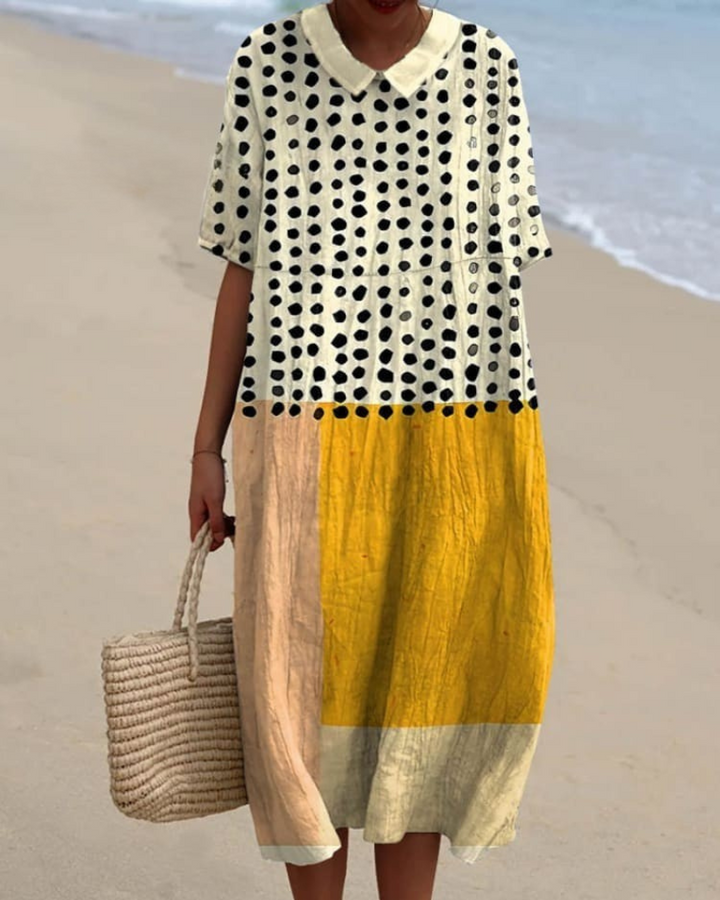 Liliana - Yellow Color-blocked V-Neck Flowy Dress