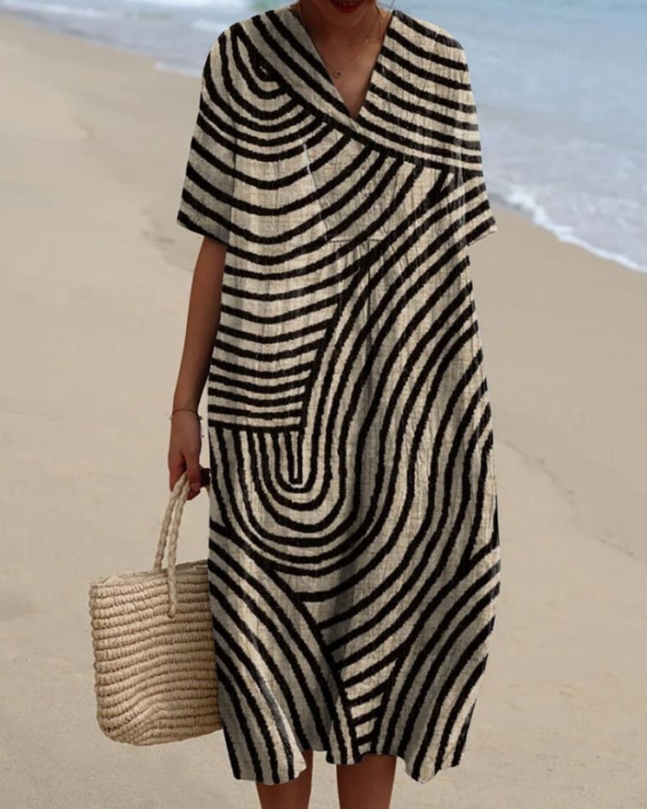 Priya - Retro Wave V-Neck Flowy Dress