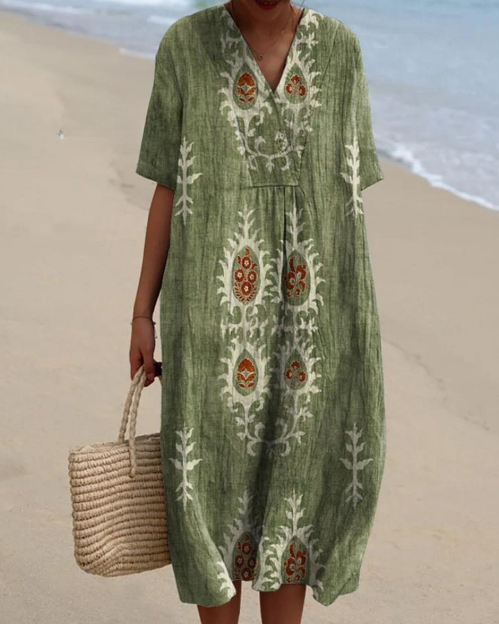 Jane - Floral Ethnic V-Neck Flowy Dress