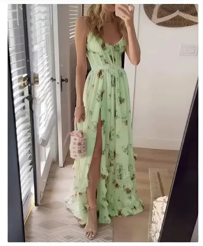 Lexa - Elegant Floral Ruffle Slit Dress