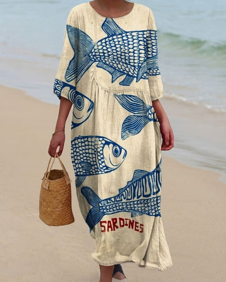 Ines - Women's Vintage Fish Sardines V-Neck Flowy Dress