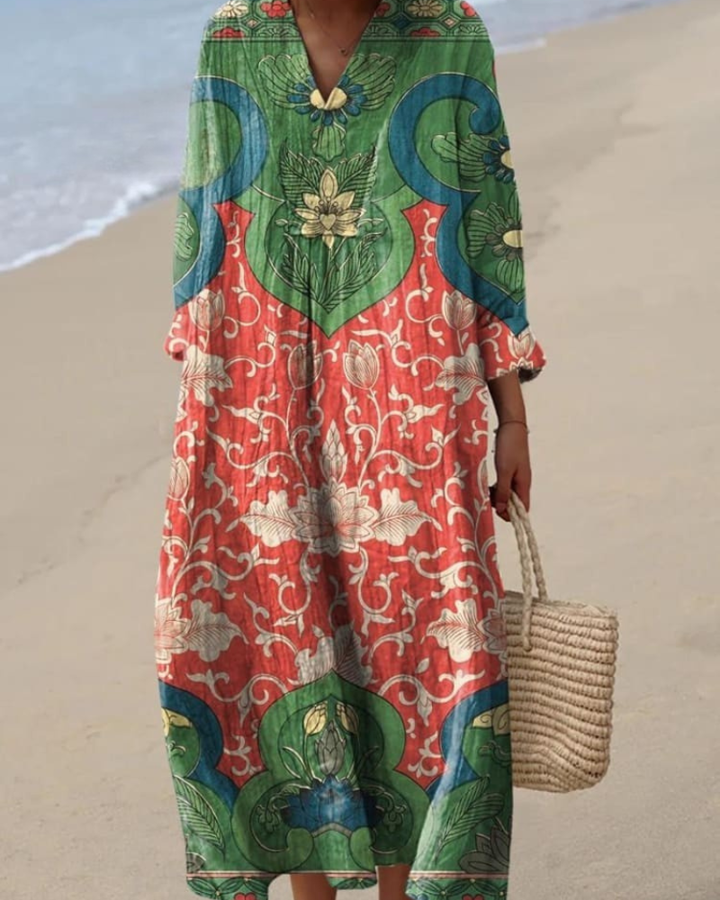 Cleo - Vintage-Inspired Floral V-Neck Flowy Dress