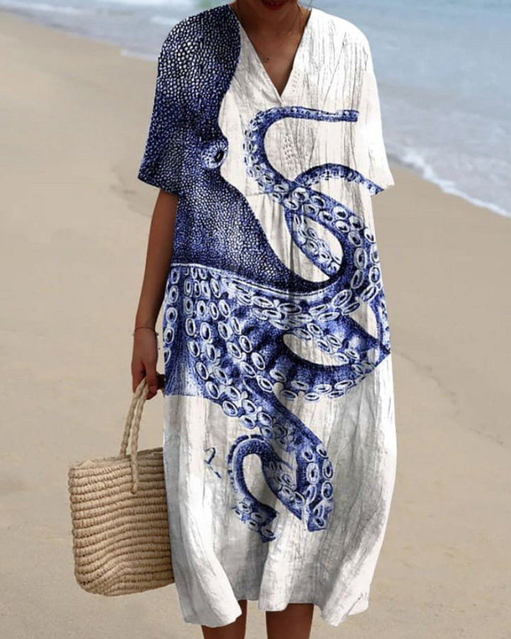 Christina - Octopus Print V-neck Flowy Dress