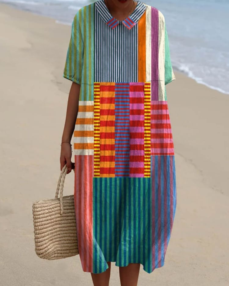 Lorraine - Striped Mosaic V-Neck Flowy Dress