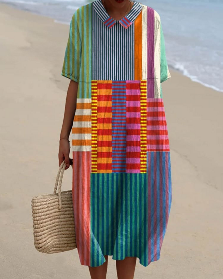 Lorraine - Striped Mosaic V-Neck Flowy Dress