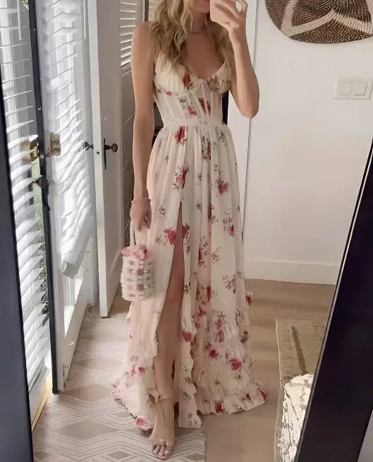 Lexa - Elegant Floral Ruffle Slit Dress