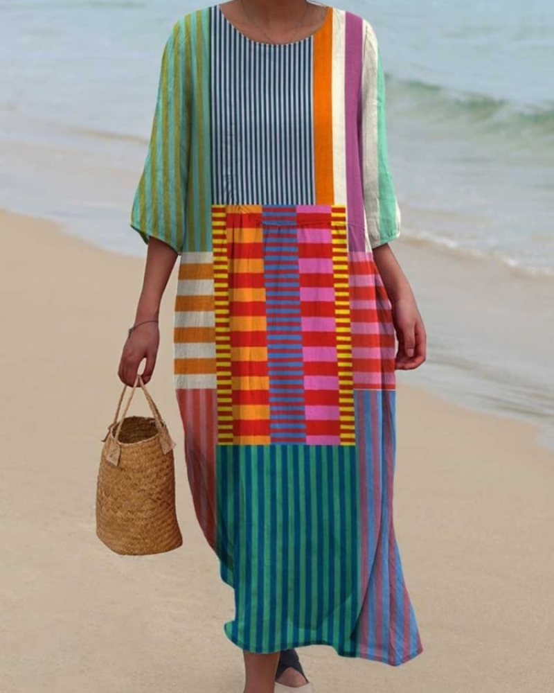 Lorraine - Striped Mosaic V-Neck Flowy Dress