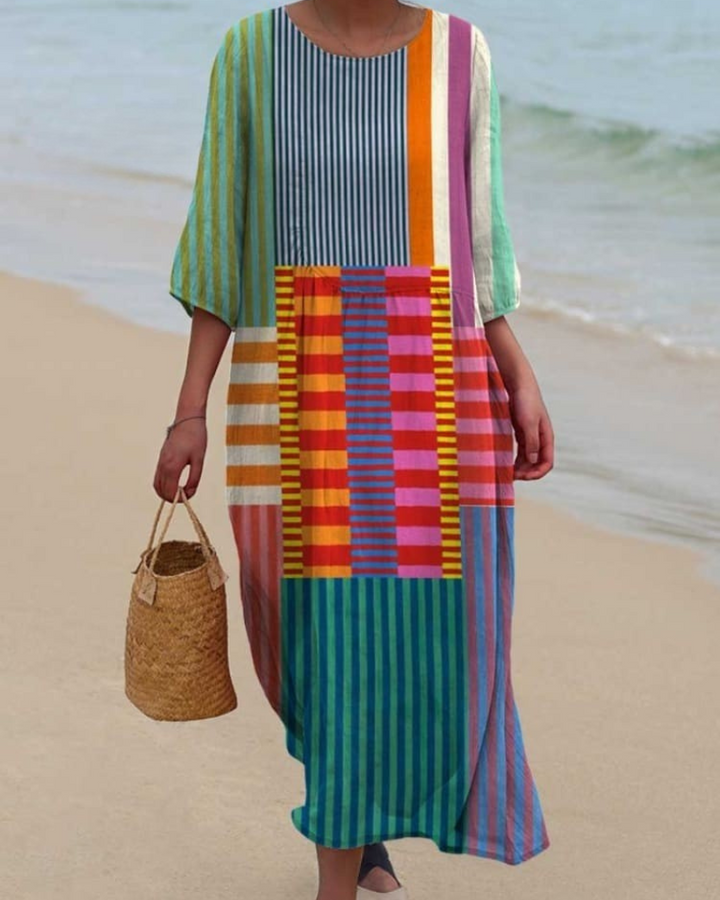 Lorraine - Striped Mosaic V-Neck Flowy Dress