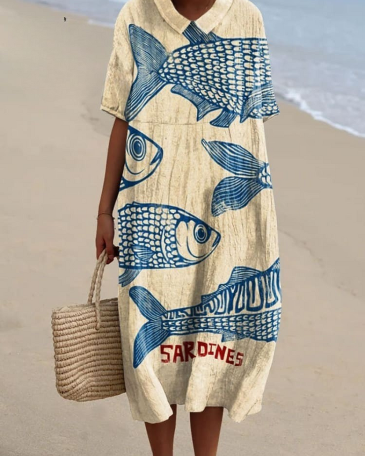 Ines - Women's Vintage Fish Sardines V-Neck Flowy Dress