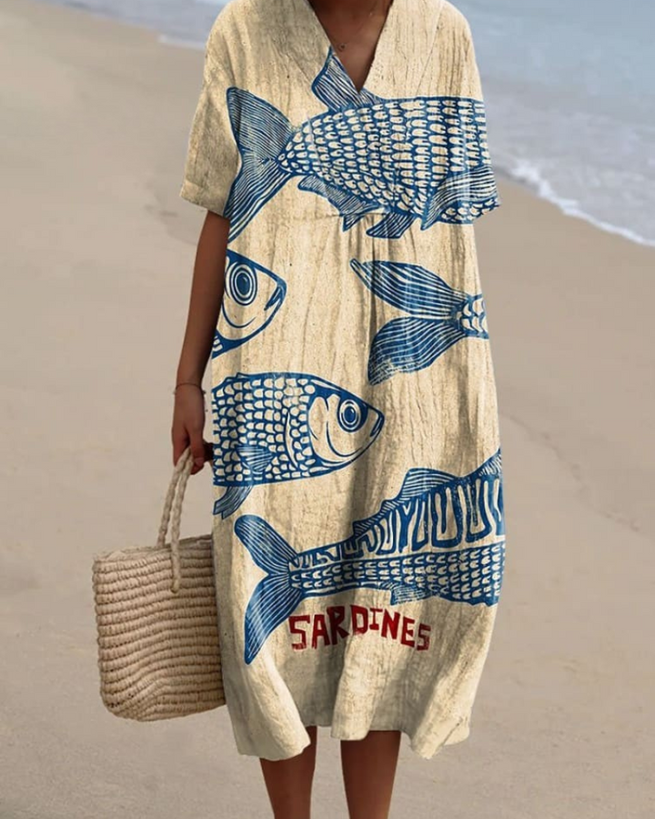 Ines - Women's Vintage Fish Sardines V-Neck Flowy Dress