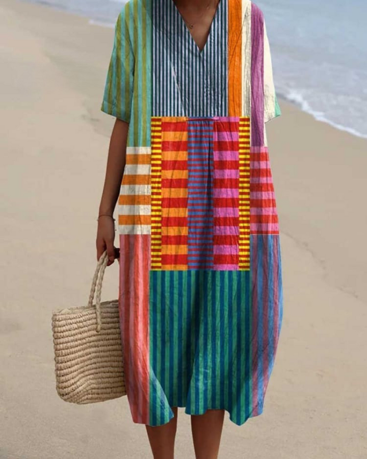 Lorraine - Striped Mosaic V-Neck Flowy Dress