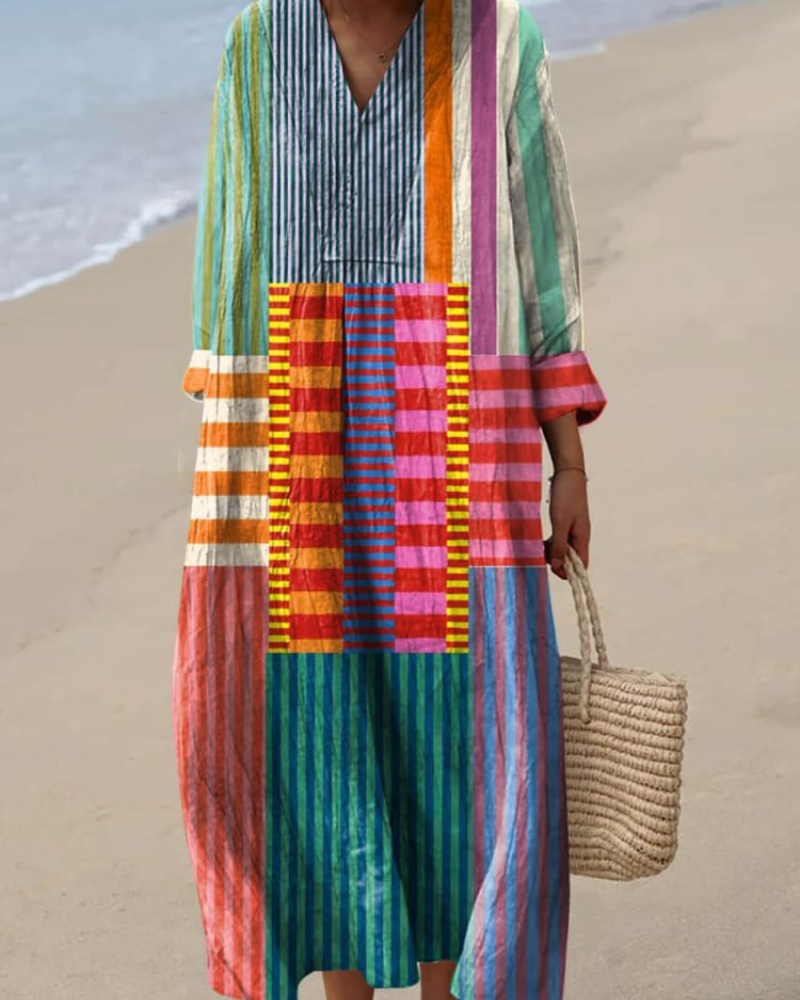 Lorraine - Striped Mosaic V-Neck Flowy Dress