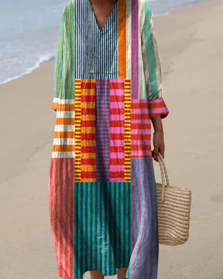 Lorraine - Striped Mosaic V-Neck Flowy Dress