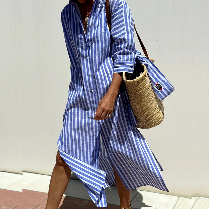 Hannah - Sophisticated Striped Comfort Midi Dress