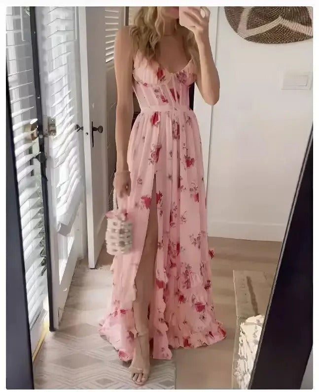 Lexa - Elegant Floral Ruffle Slit Dress